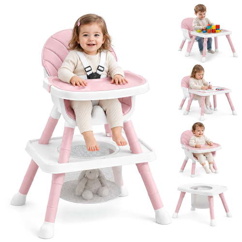 Halicool 7 in 1 Convertible Baby High Chair, Converts to Table and Chair Set, Removable Tray, 5-Point Harness, Storage Basket, Building Block Tabletop
