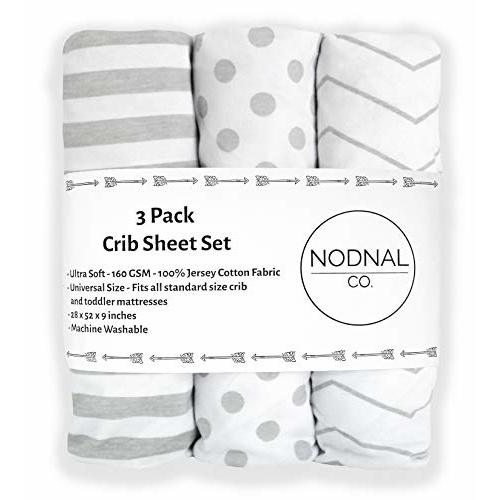 NODNAL CO. Gray Fitted Crib Sheets Set 3 Pack Standard Baby or Toddler Mattress Jersey Knit Cotton Girl/Boy Nursery Bedding - Chevron, Polka Dot, Stripe 160 GSM Sheet (Crib/Toddler Sheets)