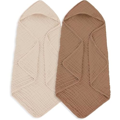 MIGIOL Muslin Hooded Baby Towels 100% Cotton ，Super Soft Muslin Baby Bath Towel - 32 x 32 Inches, Suitable for Newborn and Young Children up to 3 Years Old. (Beige & Coffee)
