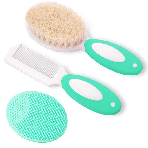 Baby Hair Brush and Comb Set for Newborns & Toddlers | Natural Soft Goat Bristles | Ideal for Cradle Cap | Perfect Baby Registry Gift (Green)