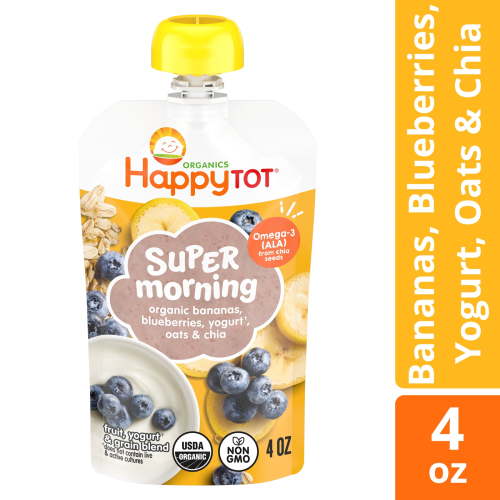 Happy Tot Organics Super Morning Stage 4, Bananas Blueberries Yogurt & Oats, Organic Tot Food, 4 oz. Pouch