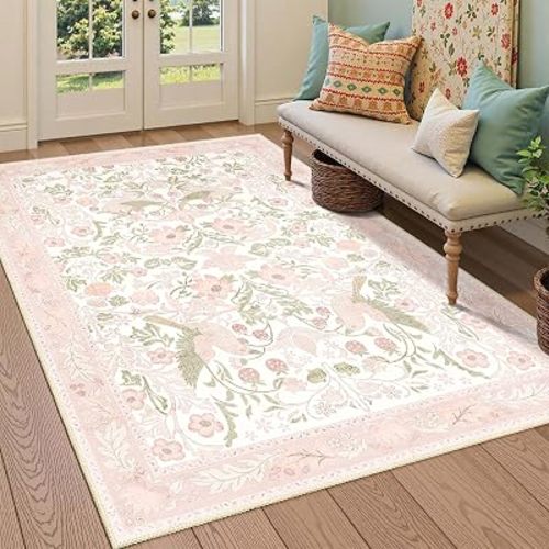 Pink Rug 4x6.5 Washable Area Rugs for Bedroom Living Room Boho