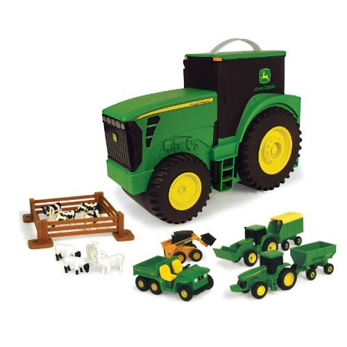 TOMY John Deere Tractor Toys - Value Set and Carrying Case - Portable Tractor-Shaped Carrying Case with 10 Compartments - Farm Toys - 18 Count - 3 Years and Up