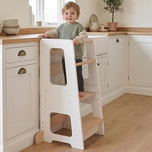 KYWAI® Toddler Kitchen Stool Helper, Adjustable Standing Tower with Safety Rails, Anti-Tip Design & Non-Slip Stickers, Sustainable Product with Extra Memory Game Made from Leftover Wood (White)