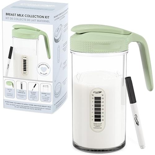 Masontops Breast Milk Storage Kit - 24oz Airtight Mason Jar with Handle, Marker & Stick-on Thermometer for New Moms