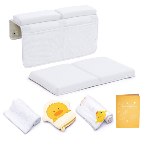 Bath Kneeler and Elbow Rest Pad, Extra Thick Baby Bath Kneeling Pad and Elbow Pad for Bathtub. Bath Tub Elbow Pad with Infant Toy and Baby Accessories Organizer, Off White Color