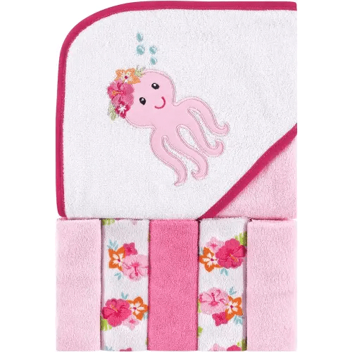 Luvable Friends Unisex Baby Hooded Towel with Five Washcloths, Tropical Octopus, One Size