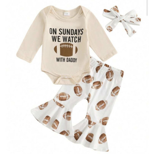 Baby Girls Fall Outfits Rugby Print Long Sleeves Romper And Elastic Flared Pants Headband Set 3 Piece Clothes | SHEIN USA