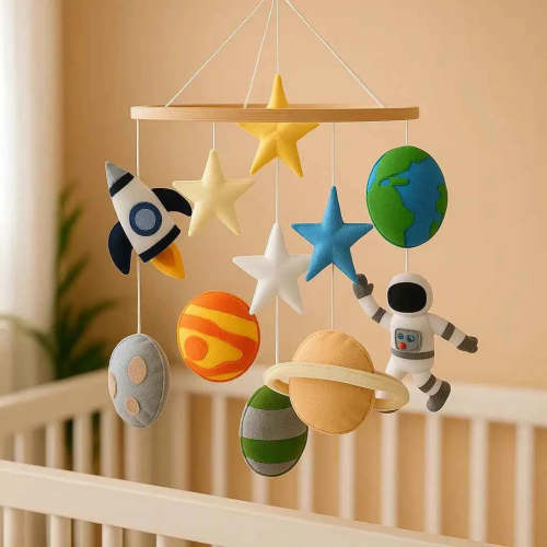 Space Nursery Mobile | Solar System Baby Crib Mobile with Felt Astronaut & Spaceship | Perfect Baby Shower Gift
