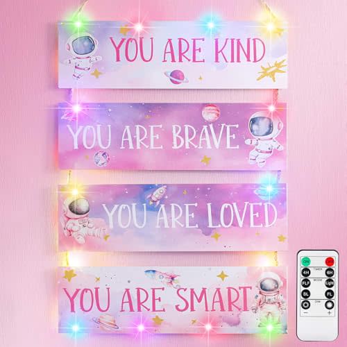 4 Pcs Space Room Decor for Kids Girls Pink Space Wall Art Bedroom Decor with Light and Remote Nursery Classroom Astronaut Galaxy Posters Spaceman Wood Sign Be Brave and Be Kind for Baby Girls