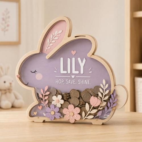 Personalized Floral Money Box, Bunny Nursery Theme, Custom Wooden Piggy Bank, Toddler Girl Gift, Christening Gift, Kids Room Storage Decor