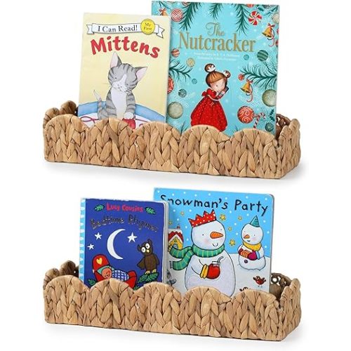 2 Pack Nursery Book Shelves, Scalloped Water Hyacinth Book Shelf for Kids Rooms, Handwoven Floating Book Shelves for Wall, 15.8” Wicker Hanging Bookshelf for Books, Toys, Photo Frames, Nursery decor