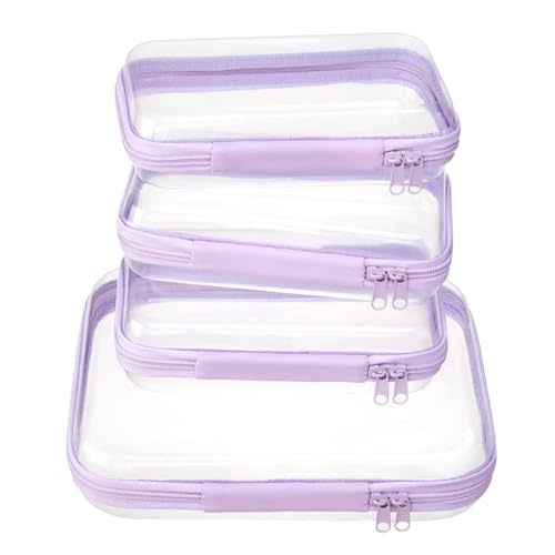 4 pcs Clear Zipper Pouches,Hard Shell Zipper Case, Toiletry Bag for Travel, CLear Diaper Bag, Toiletry Pouch, Travel Organizer, Cosmetic Bag,Toy Storage Bins (M+3S) (Lavender)