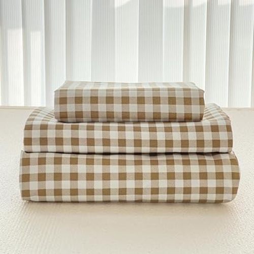 NSNLGSGC Tan Gingham Twin Sheet Set, Soft Brushed Microfiber Taupe Plaid Twin Bed Sheets, 3-Pieces Brown Sheet Set with Deep Pocket
