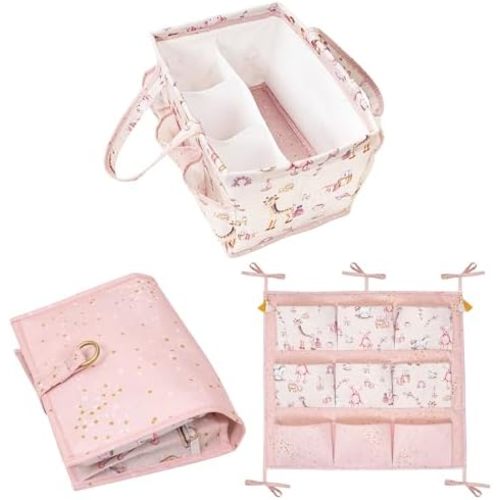Baby Care Set of 3 Stylish Diaper Bag, Portable Changing Mat & Crib Side Organizer, Available in Pink or Blue