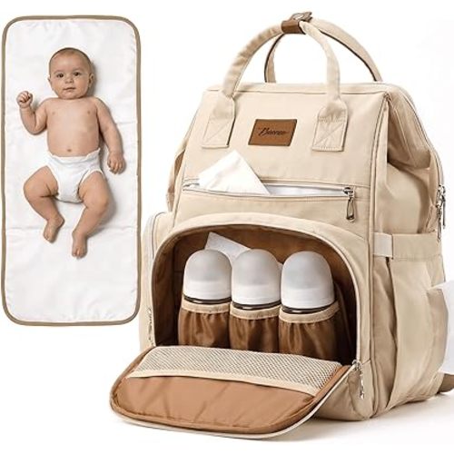 Large Diaper Bag for Mom: 27 Liters with Changing pad - Insulated Lightweight Travel Backpack for Organizing Baby Boy & Girl Essentials - Brown