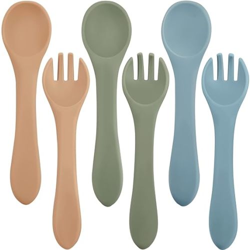 Nuenen 6 Pieces Silicone Baby Feeding Forks and Spoons Set Hot Safety First Stage Self Feeding Supplies Mini Kids Utensils for over 6 Months Babies Boy Girl Toddlers First Foods (Nature Color)