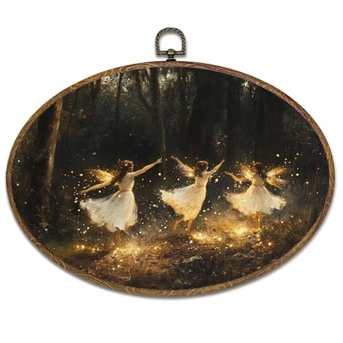 kdqua Enchanted Forest Fairy Oval Wall Art Decor, Vintage Magical Fantasy Fairytale Canvas Artwork Framed, Dark Academia Cottagecore Wall Hanging Decorations for Home Bedroom Living Room, 11.4x8.6Inch