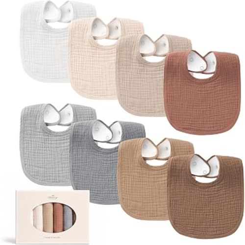 Konssy 8-Pack Muslin Baby Bibs, Adjustable Fit for Drooling and Teething