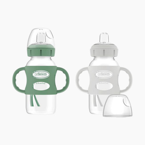 Dr. Brown's Wide-Neck Sippy Straw Bottles w/Silicone Handles (2-Pack) - Green & Grey, 9 Oz, 2