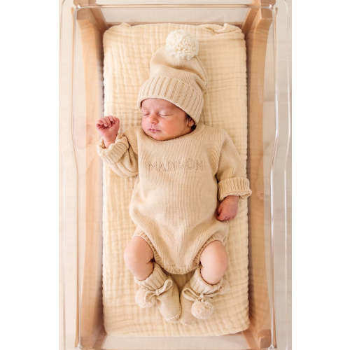 Embroidered Knit Sweater Bubble Romper in Sand | Caden Lane