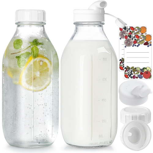 2 Pack 32 oz Syntic Glass Milk Bottle Containers with Pour Spout, Juice Bottles for Kitchen, Food Grade Milk Jars for Syrup, Honey Clear