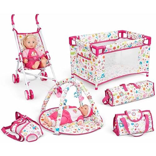 Liberty Imports 5-in-1 Baby Doll Stroller Playset with Doll Included, Foldable Stroller, Playard Playpen, Activity Play Mat, Baby Carrier & Travel Bag, Pretend Nursery Set for Girls
