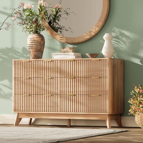TROJM 47'' Wide 6 Drawers Dresser for Bedroom,Modern Fluted Vertical Chest with Rounded Corners,Fluted Dresser for Living Room,Hallway, Natural Wood