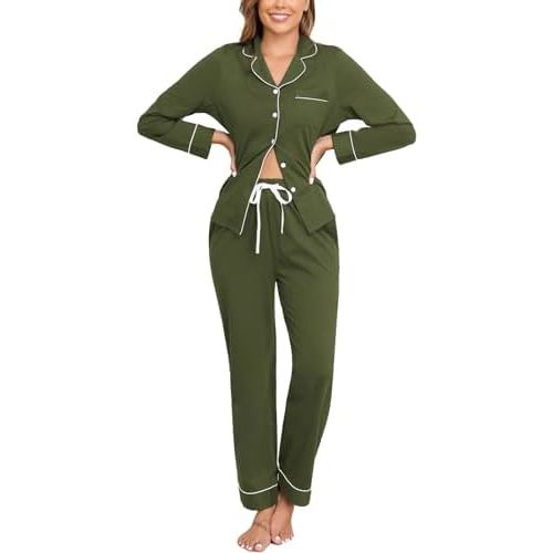 Veseacky 100% Cotton Women's Pajama Set Long Sleeve Button Down Sleepwear Soft Pjs Lounge Sets Nightwear Pjs XS-XXL
