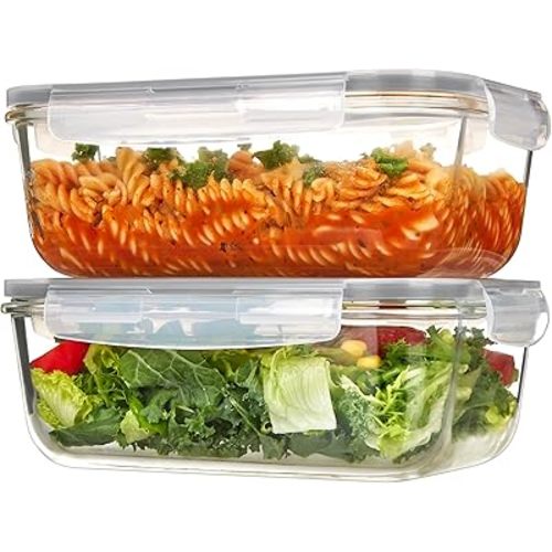 Vtopmart 2Pack 1860ml/ 63oz Large Glass Storage Containers with Lids, Meal Prep Food Container Set with Snap Airtight Lid for Baking, Microwave, Oven, Leak Proof, for Freezer, Dishwasher, Grey