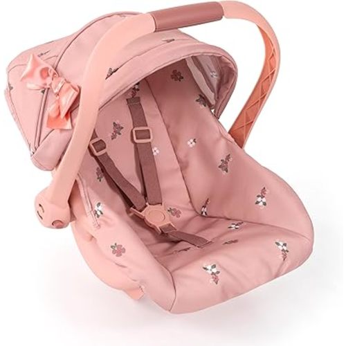 Bayer Design: Doll Deluxe Car Seat - Coral Pink Floral - Portable Travel Carrier for Dolls Up to 18", Sunshade & Carry Handle, Use As Rocker, Kids 3+