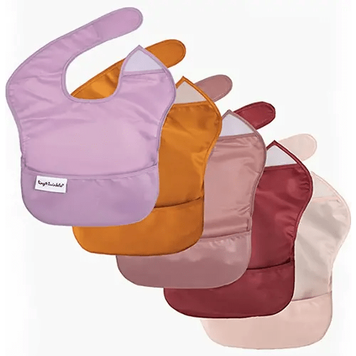 Tiny Twinkle Mess-Proof Baby Bib - Waterproof Bib for Baby Boy or Girl - Machine Washable, Adjustable Closure - PVC, BPA & Phthalate Free - Great for Travel - Baby Food Bibs (5 Pack, Girl Solids)