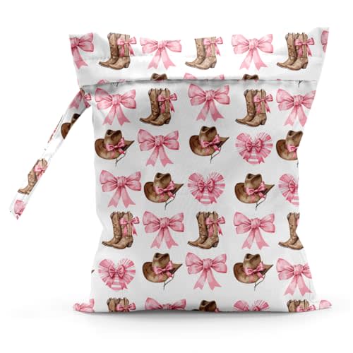 Sldpngo Waterproof Cloth Diaper Wet Dry Bag Reusable Travel Beach Pool Daycare Soiled Toddler Items Yoga Gym Bag for Swimsuits Wet Clothes Bags - Pink Bow Western Boots Hat Pattern