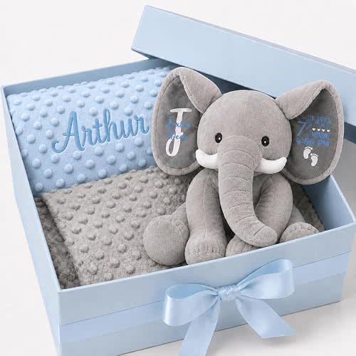 KAINSY Personalized Baby Blanket & Plush Elephant Set, Custom Baby Blanket Embroidered with Name, Double Layer Dotted Backing Swaddle for Toddler, Baby Shower & New Baby Gift Set for Boys