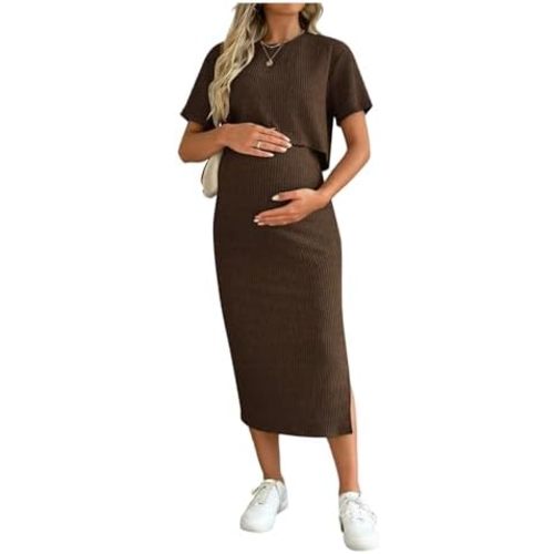 SHENHE Women's Maternity Ribbed 2 Piece Outfits Short Sleeve Crop Top Bodycon Slit Midi Skirt Set