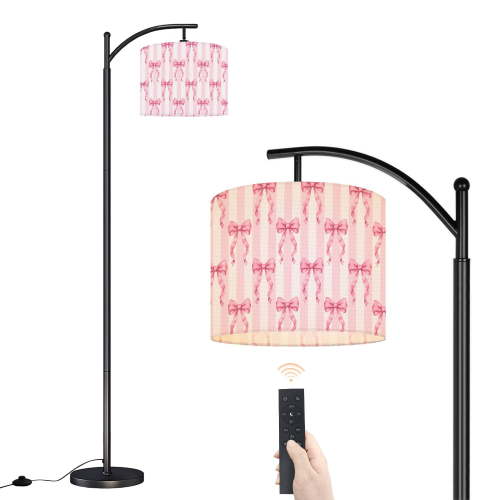 Arc Floor Lamp with Adjustable Lampshade Coquette aesthetic pink ribbon bow striped white pink Trendy Standing Lamp 3 Color Temperatures Dimmable Tall Pole Lamp with Foot Switch for Bedroom