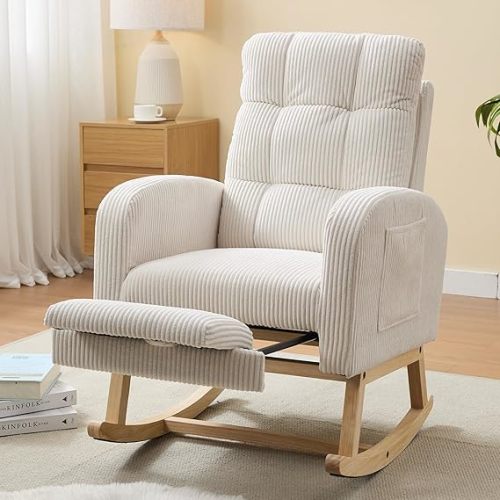 NIOIIKIT Nursery Rocking Chair, Corduroy Upholstered Rocking Chair with Adjustable Footrest, Tufted Rocker Chair with Side Pocket, Glider Rocker for Living Room (Cream Casual)