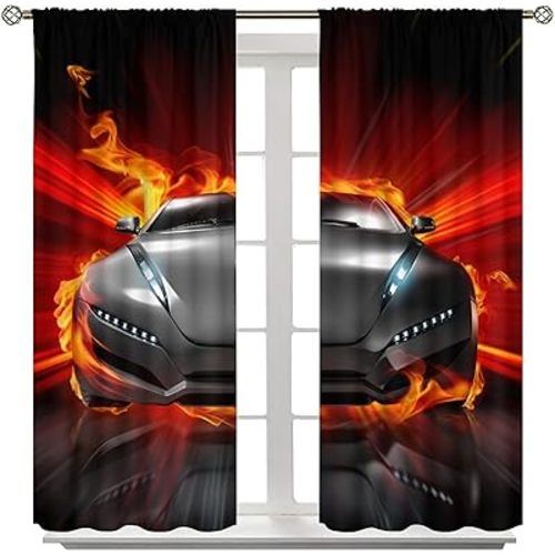 Kids Race Car Window Curtains, Racing Vehicle Window Treatments Gaming Cool Speed Race Car Curtain Window Drapes for Boys Teens Men Bedroom Living Room Playroom W84 X L84