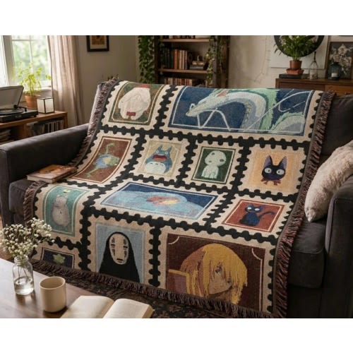 Spirited Away Woven Blanket Tapestry - Studio Ghibli Chihiro & Haku Anime Throw - No Face Bathhouse Room Decor