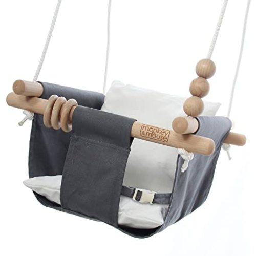 Monkey & Mouse Baby Swing, Grey White Indoor Outdoor Portable Hanging Chair - Infant & Toddler Kids 6 Months - 4 Years, Cotton Canvas & Beech Wood Frame, Sensory Hammock Boy & Girl Seat w/Wooden Toys