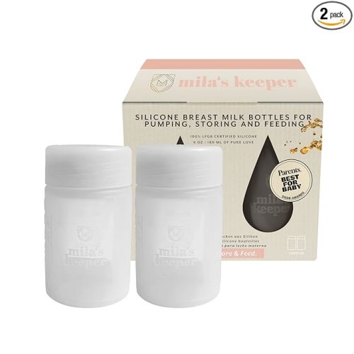 Mila's Keeper Premium Silicone Breast Milk Storage Bottles, for Pumping, Storing and Feeding, Fits Leading Pumps and Nipples, 6 oz Silicone Milk Storage Containers, Wide Neck Aspen White, Set of 2