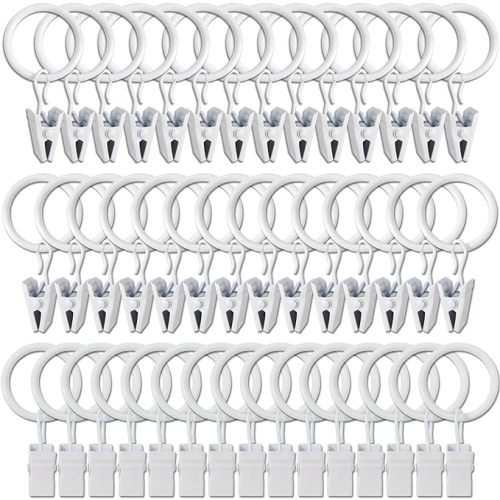 44 Pack White Curtain Rings with Clips, Curtain Hooks Hangers Clip Rings for Hanging Drapes Bows Hat, Drapery Rings 1 in I D, Fits up to 5/8 in Diameter Curtain Rod.