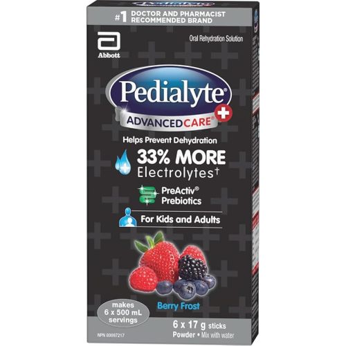 Pedialyte AdvancedCare Plus Electrolyte Powder Sticks Value Pack, Electrolytes For Dehydration, Electrolyte Powder Packets, Berry Frost, 6x17g