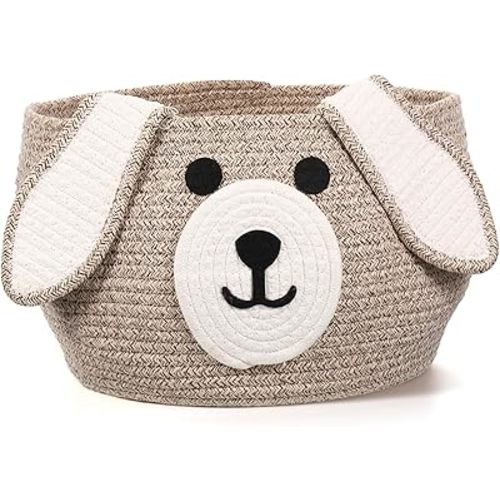Zopeal Dog Woven Basket Cute Woven Cotton Rope Puppy Animal Storage Basket for Laundry Toy Gift(Brown, White,13 x 8 Inch)