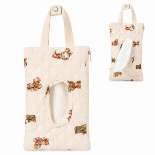 Quilted Baby Wipe Holder Floral Diaper Pouch Portable Quilted Wipes Bag for Car, Stroller (Cartoon Bear)