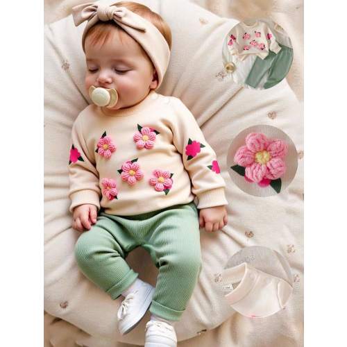 SHEIN Newborn Baby Girls' Casual Sweet 3D Floral Sweatshirt And Ribbed Pants Set | SHEIN