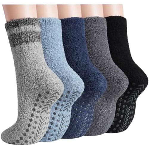 Fuzzy Socks Men with Grips, Cozy Fluffy Elderly Slipper Sock Non Slip Thick Winter Warm Hospital Sleep Home 5 Pairs