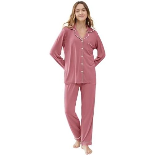 Joyaria Womens Bamboo Viscose Pajama Sets Long Sleeve Button Down Cooling Sleepwear Soft Comfortable Pj Pants Set for Women