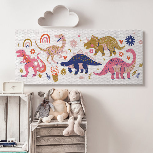 Zoomie Kids Happy Whimsical Dinosaurs With Rainbow Florals | Wayfair