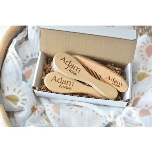 Set of 3 Personalized Baby Hair Brush and Comb Newborn Baby Shower Gift, Custom Wooden Engraved Keepsake for Girl or Boy, Bath Beauty